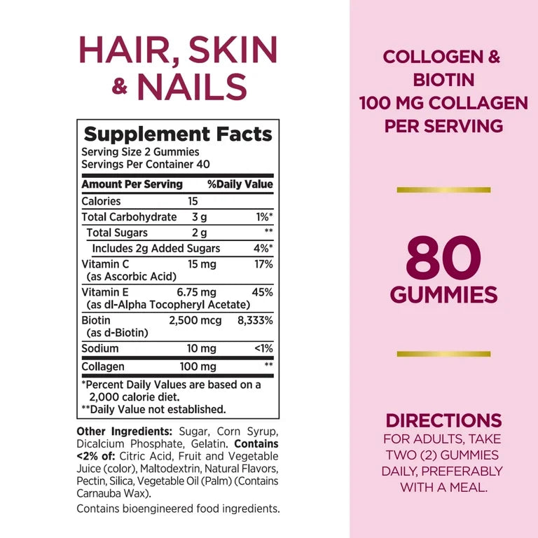 Nature's Bounty. Cabello, Piel y Uñas con Biotina y Colágeno, 80 Gomitas